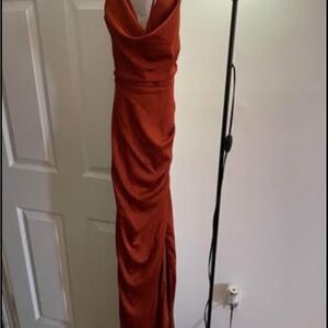 Red Ruched Sheath Gown with Cowl Neck for Wedding Guest
